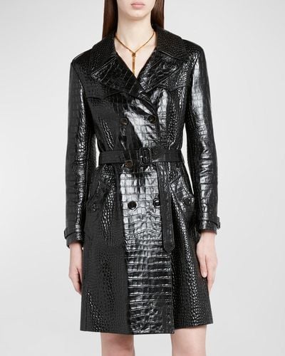 Tom Ford Croco Embossed Belted Leather Trench Coat - Black