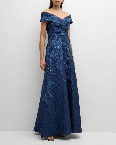 Teri Jon Off-Shoulder Metallic Jacquard Gown - Blue