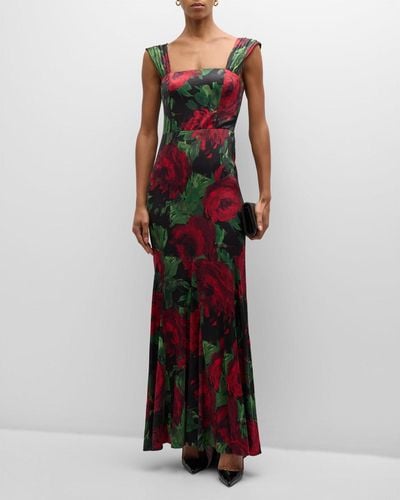 Alice + Olivia Arza Floral-print Godet-pleated Maxi Dress - Red