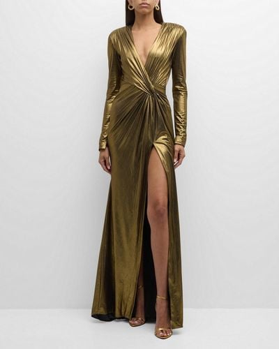 Pamella Roland Metallic Draped Lame Gown With Slit - Green