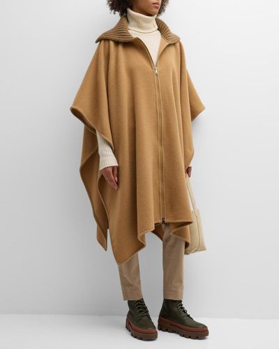Moncler Wool Long Cape With Knit Collar - Brown