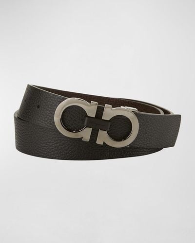 Ferragamo Moufflon Adjustable & Reversible Double-Gancini Buckle Leather Belt - Black