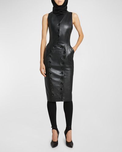 Alaïa Button-Front Sleeveless Leather Midi Vest Dress - Black