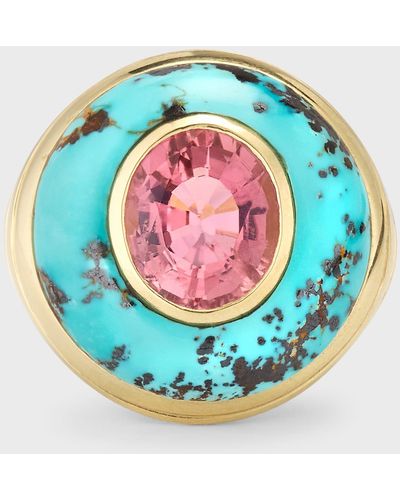 Retrouvai Petite Lollipop Pink Tourmaline & Turquoise Ring - Blue