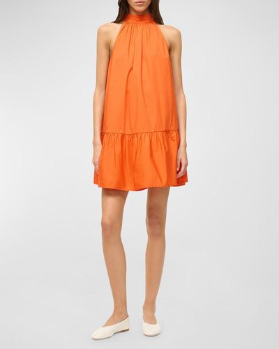 STAUD Marlowe Tie-Neck Mini Cotton Poplin Dress - Orange