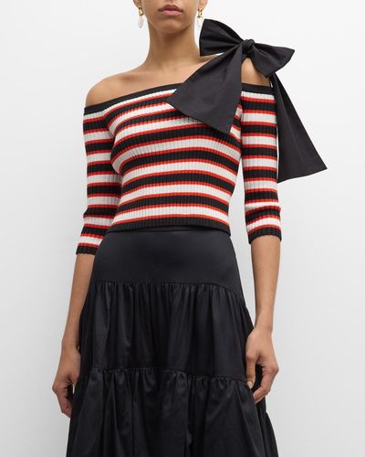 Hellessy Carlo Bow Off-The-Shoulder Striped Rib Crop Top - Red