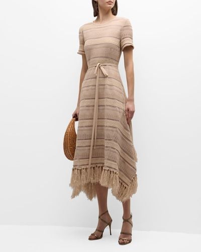 Misook Tasseled Mixed-Stitch A-Line Midi Dress - Natural