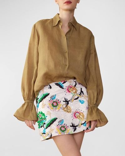 Cynthia Rowley Embroidered Sequin Satin Mini Skirt - Green