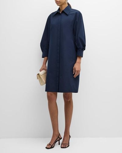 Lafayette 148 New York Blouson-Sleeve Cotton Poplin Midi Shirtdress - Blue
