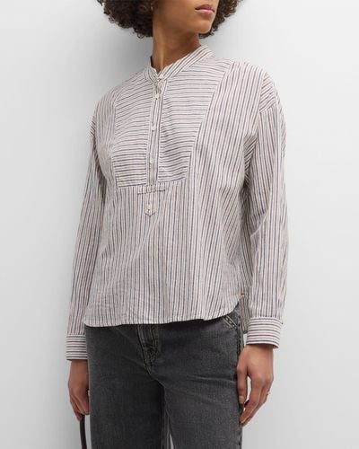 Xirena Jones Striped Band-Collar Cotton Shirt - Gray