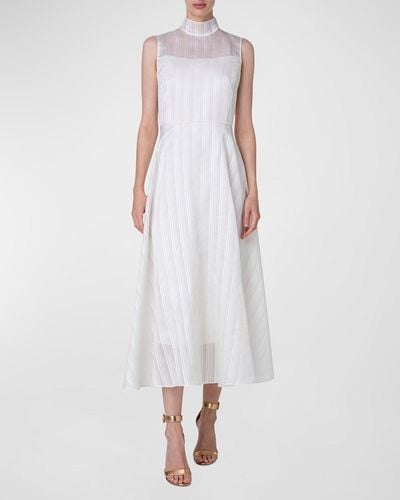 Akris Mock-Neck Striped Silk Sleeveless Midi Dress - White