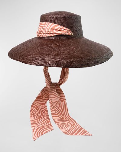 Sensi Studio Lampshade Cordovan Straw Large Brim Hat With A Printed Band - Red