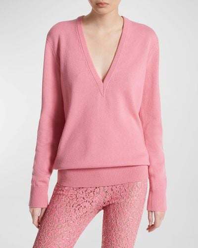 Michael Kors Plunging V-Neck Long-Sleeve Cashmere Sweater - Pink