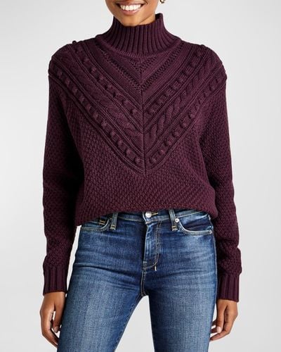 Splendid Maggie Pom-Embellished Cable-Knit Turtleneck Sweater - Red