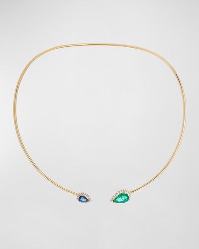 Krisonia 18k Yellow Gold Necklace With Diamond Halos, Emerald And Blue Sapphire - White