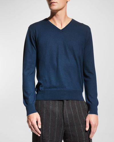 Neiman Marcus Extra Lightweight Wool-cashmere V-neck Sweater - Blue