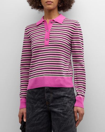 Ganni Stripe Cashmere Polo Sweater - Purple