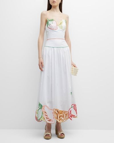 Lela Rose Drop Waist Midi Dress With Fruit Embroidery - White