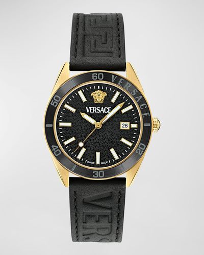 Versace V-Dome Ip Leather-Strap Watch, 42Mm - Metallic
