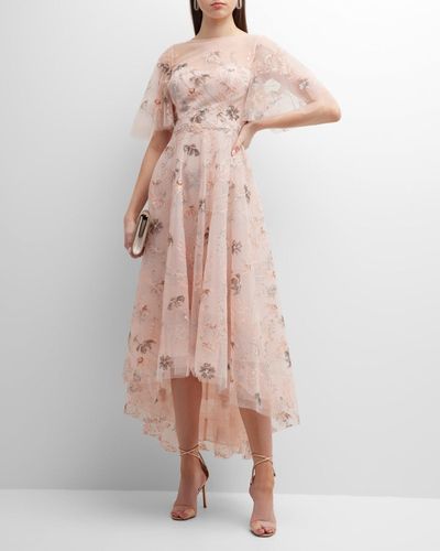 Teri Jon High-Low Floral-Embroidered Tulle Gown - Pink