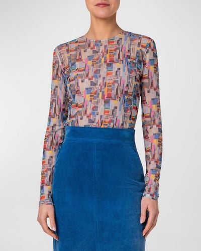Akris Punto Tulle Nyc Paper Collage Print Top - Blue