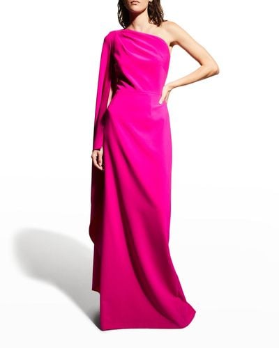 Teri Jon Cape-Sleeve One-Shoulder Crepe Gown - Pink