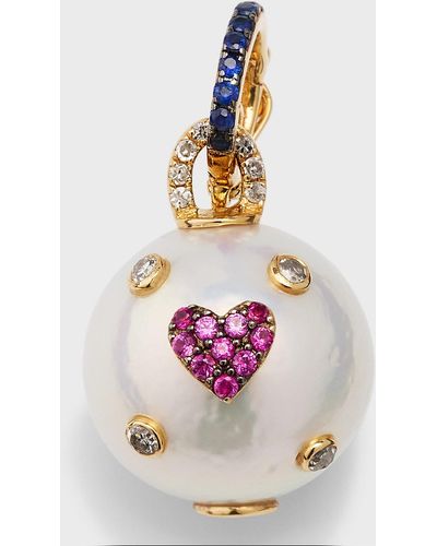 Kastel Jewelry Round White Pearl Sapphire Heart Bezzeled Diamond Pendant