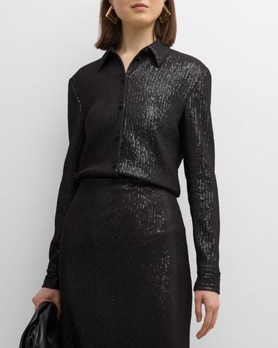 Rosetta Getty Sequin Chiffon Slim Collared Shirt - Black