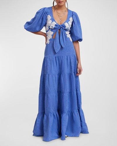Anne Fontaine Gaelle Embroidered Cutout Tiered Maxi Dress - Blue