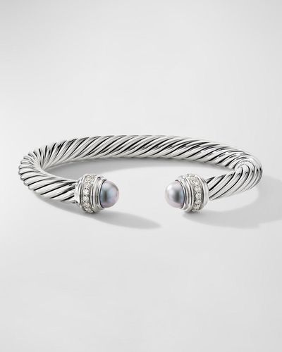 David Yurman 7mm Cable Bracelet With Diamonds & Pearls - Metallic