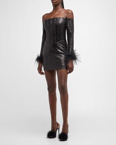 Jovani Off-shoulder Feather-trim Sequin Mini Dress - Black