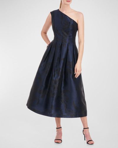 Kay Unger Carlan Pleated One-Shoulder Jacquard Midi Dress - Blue