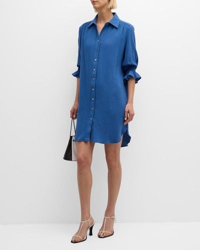Finley Miller Blouson-Sleeve Cotton Gauze Shirtdress - Blue