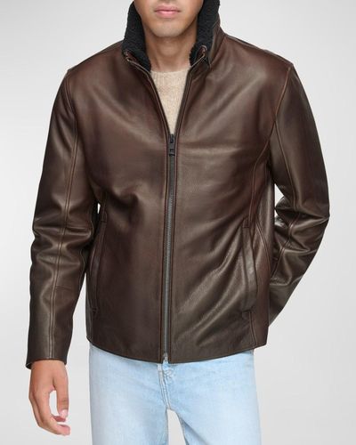 Andrew Marc Brentford Pebbled Leather Jacket - Brown