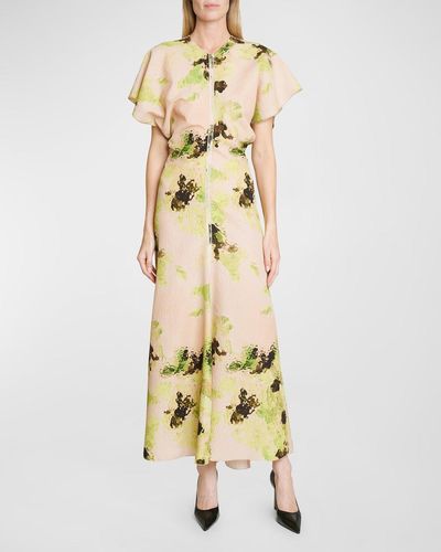 Victoria Beckham Abstract-Print Short-Sleeve Drape-Shoulder Maxi Dress - Metallic