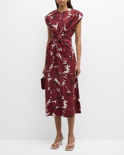 Mantu Twist-Front Floral-Print Cotton Midi Dress - Red