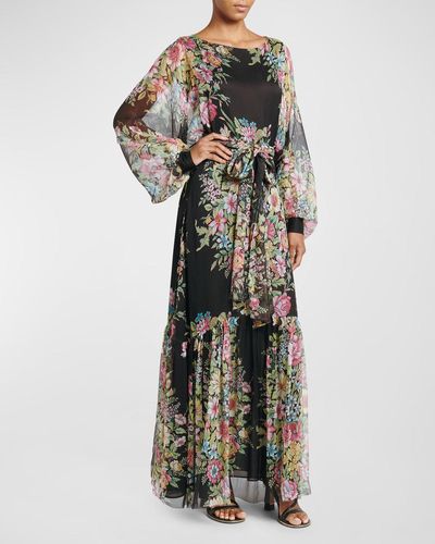 Etro Bouquet Floral-print Balloon-sleeve Tiered Silk Dress - Multicolor