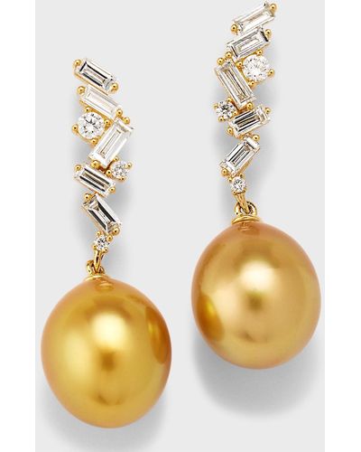 Pearls By Shari 18k Yellow Gold South Sea Golden Pearl And Diamond Baguette Earrings, 11mm - Metallic