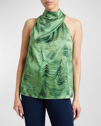 Santorelli Darcy Sleeveless Mock-Neck Swirl-Print Blouse - Green