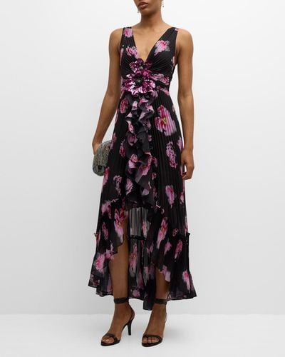 Emanuel Ungaro High-Low Pleated Floral-Print Chiffon Gown - Multicolor