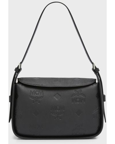 Small Aren Flap Hobo Bag in Embossed Monogram Leather Black