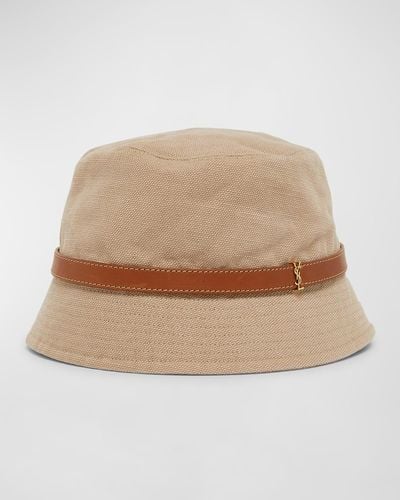 Saint Laurent Canvas Bucket Hat With A Ysl Leather Band - Natural