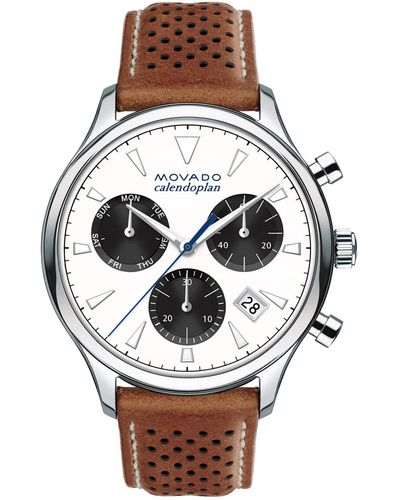 Movado 43mm Heritage Calendoplan Chronograph Watch With Perforated Leather Strap - Brown