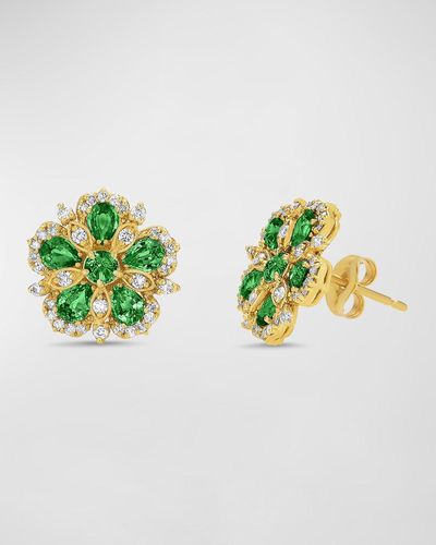 Tanya Farah 18k Yellow Gold Jasmine Bloom Emerald And Diamond Stud Earrings - Green