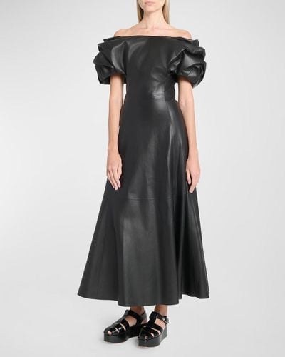 Gabriela Hearst Gwyneth Puff-Sleeve Off-The-Shoulder Leather Maxi Dress - Black