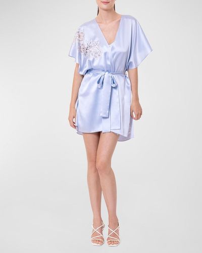 Christine Lingerie Lace-Trim Silk Charmeuse Mini Robe - Blue