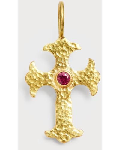 Elizabeth Locke 19k Yellow Gold Gothic Cross Pendant With 3.5mm Ruby Center - Metallic