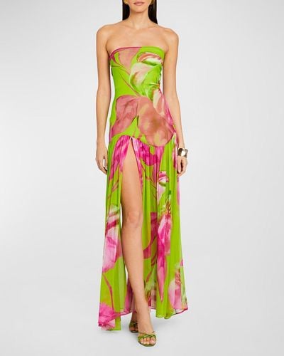 retroféte Marisol Strapless Floral Silk Slit Dress - Green