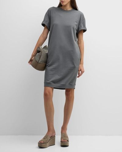Brunello Cucinelli Cotton Felpa T-shirt Dress With Monili Sleeve Detail - Gray