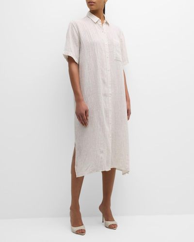 Eileen Fisher Crinkled Striped Organic Linen Midi Shirtdress - White